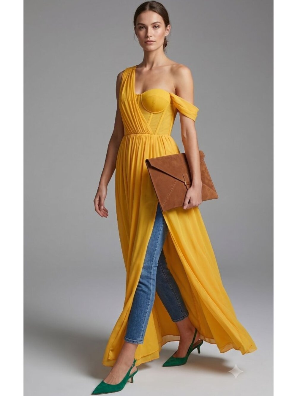 Miss Circle XXS Silk Pleated Corset Slit Maxi Dress Yellow Back In Style - Picture 1 of 15
